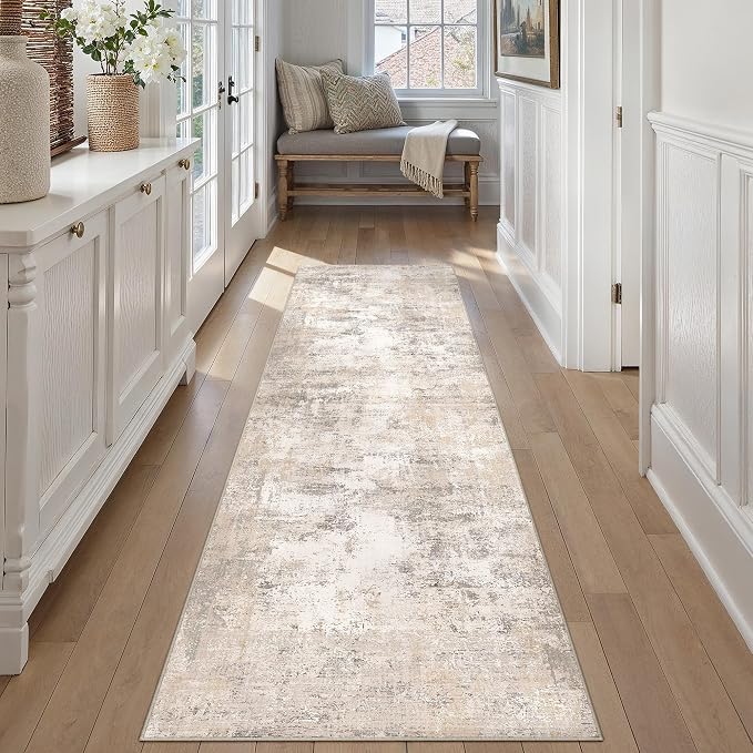 2x8 Washable Runner Rug Beige Grey Abstract Hallway Kitchen Throw Rug Neutral by WondRg