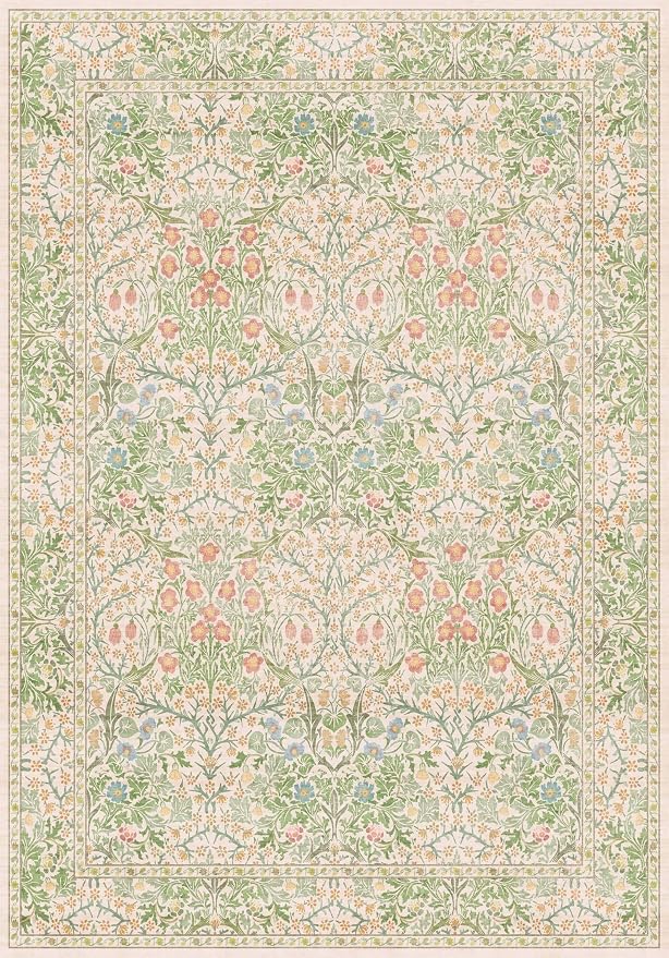 Light Beige Green Botanical Living Room Rug, 7x10 Washable Area Rug - Image 2