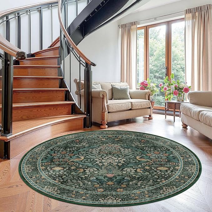 6ft Round Area Rugs for Living Room, Washable Floral Circle Rug Non Slip Low - Image 4