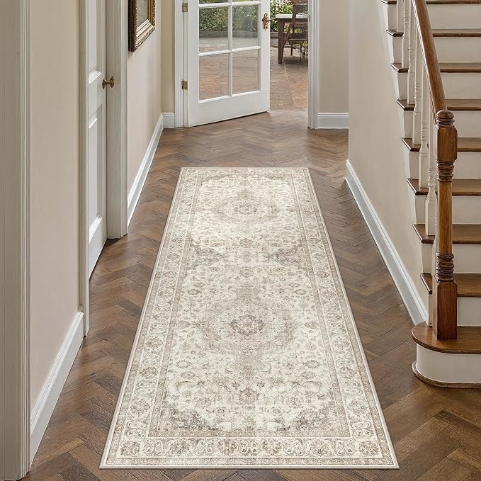 HUGEAR 2x6 Runner Rug Hallway Vintage Brown Machine Washable Neutral Floral Low - Image 3