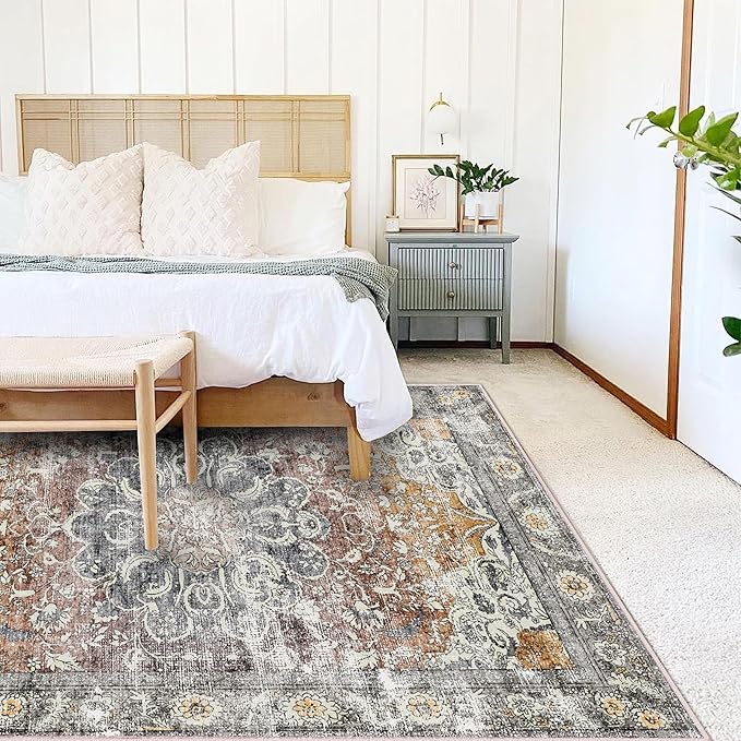 Area Rug 4x6 Washable Rug Taupe Vintage Traditional Floor Cover Foldable Thin - Image 2