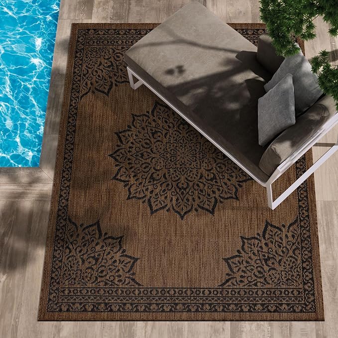 CAMILSON Outdoor Rug, 9x12 Medallion Nut Brown Black Modern Area Rugs - Image 7