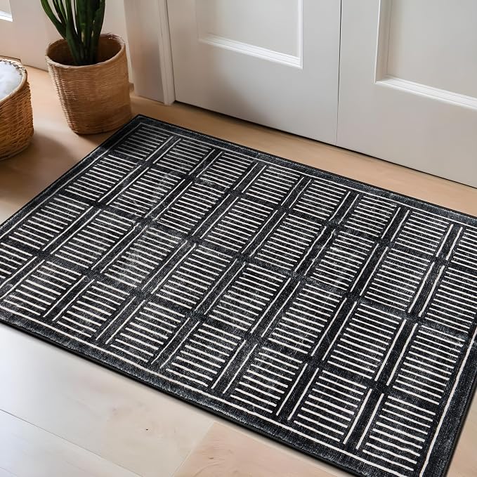 Rugshop Bohemian Stripe Lines Washable Non Slip Area Rug 2' x 3' Black - Image 8