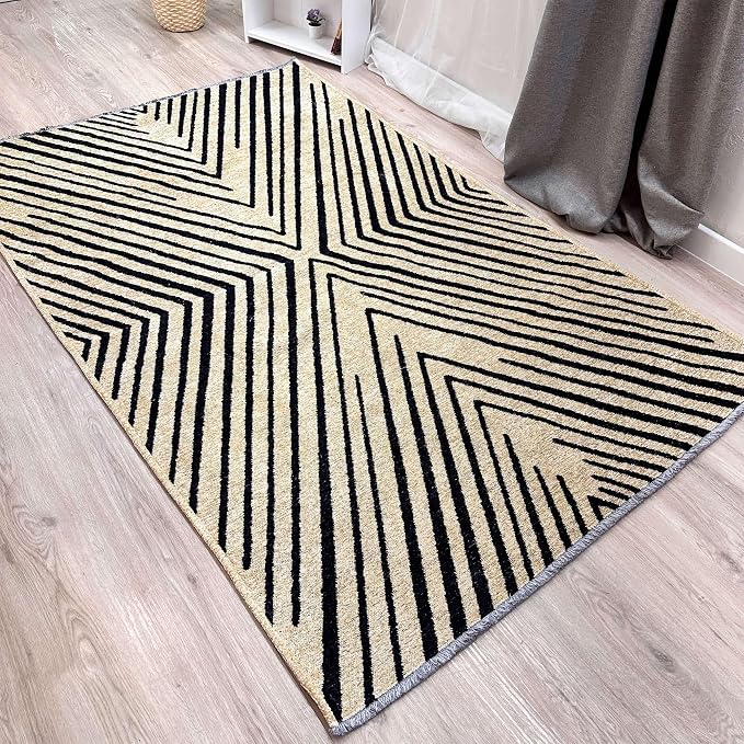 Alfa Rich 3x5 Geometric Beige Black Washable Area Rugs by AlfaRichRugs