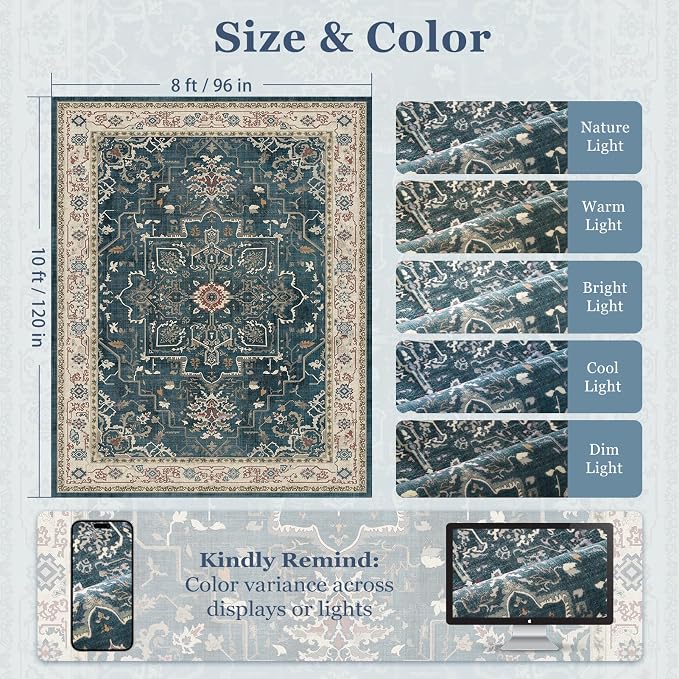 Vintage Distressed 8x10 Rugs for Living Room Bedroom, Washable Non Slip Dining - Image 2