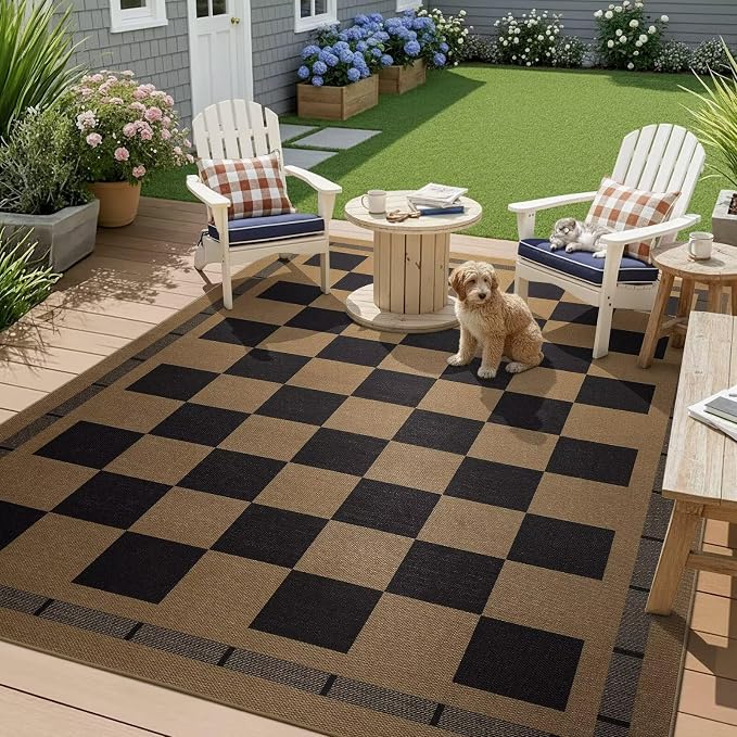 Checkered Jute Rugs, 6x9 Large Washable Outdoor Patio Rug, Living Room Bedroom - Image 2