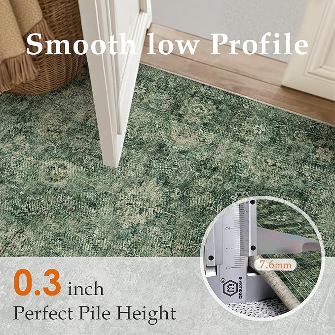 2x3 Washable Area Rug for Entryway Green Vintage Non-Slip Low Pile Distressed - Image 4