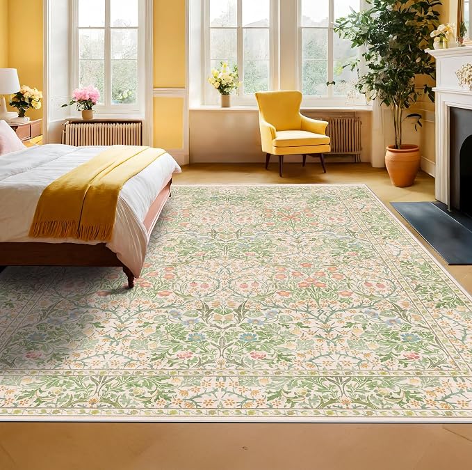Light Beige Green Floral Living Room Rug, 7x9 Washable Area Rug - Image 3