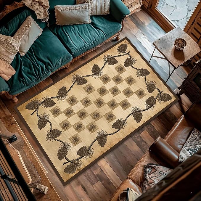 Vintage Plaid Area Rug 4x5ft Rustic Cabin Pine Cone Branches Lattice Pattern - Image 4