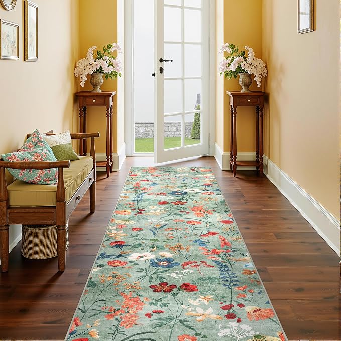 Floral Runner Rug 3x7 Washable Hallway Long Green Bedroom Carpet Non Slip - Image 7