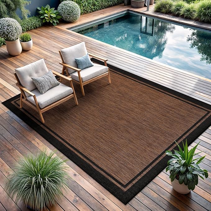 CAMILSON Indoor Outdoor Rug, 6x9 Bordered Nut Brown Black Modern Area Rugs - Image 7