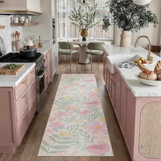 Floral Runner Rug 2x8 Washable Hallway Pink Bedroom Non Slip Cute Long Kitchen by PureCozy