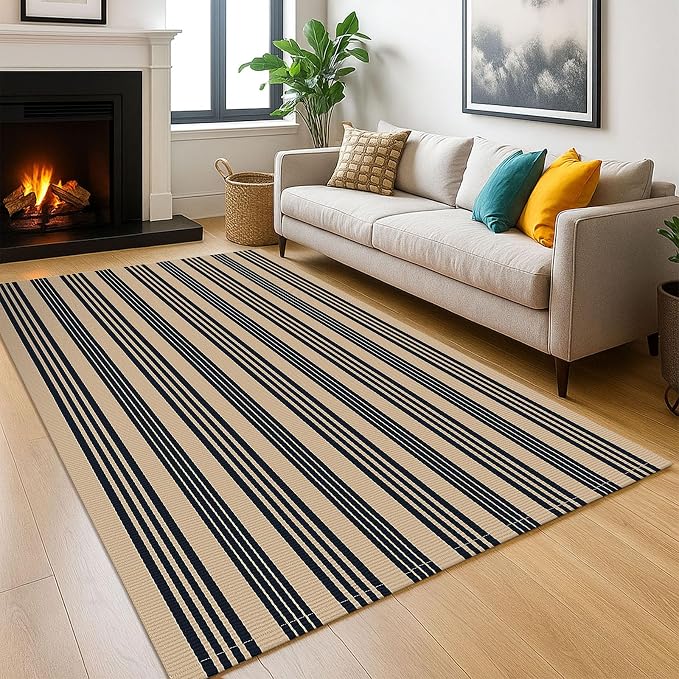 KOZYFLY Striped Outdoor Rug 5x7 Ft Area Rug Brown and Black Washable Indoor by KOZYFLY