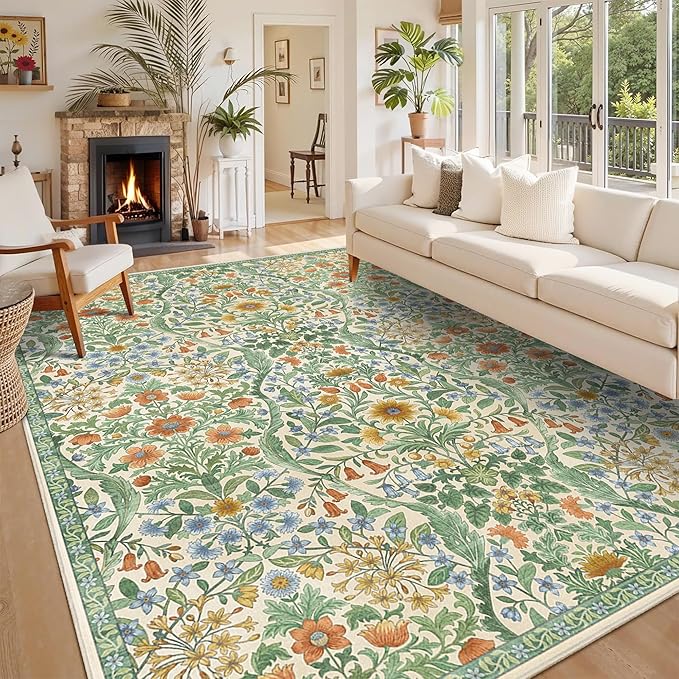 9x12 Grass Green Vintage Floral Area Rug, Washable Large Boho Living Room Rugs - Image 3