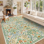 9x12 Grass Green Vintage Floral Area Rug, Washable Large Boho Living Room Rugs - Image 3