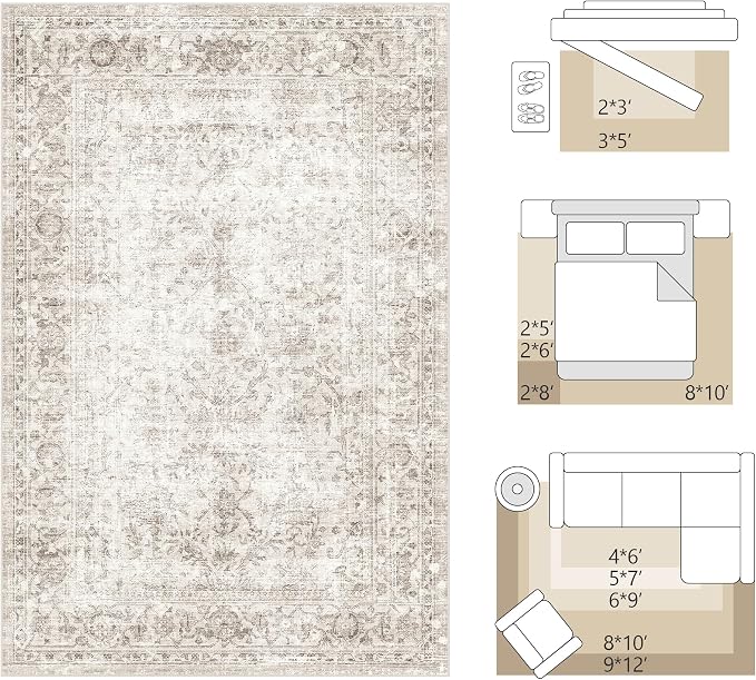 FMFUNCTEX 4x5 Washable Area Rug Neutral Vintage Beige Non Slip Low Pile - Image 2
