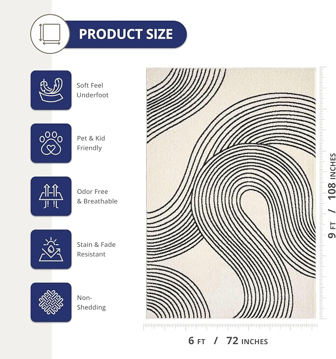 Abani Nuevo Beige Black Swirls Modern Area Rug 6' x 9' - Image 2