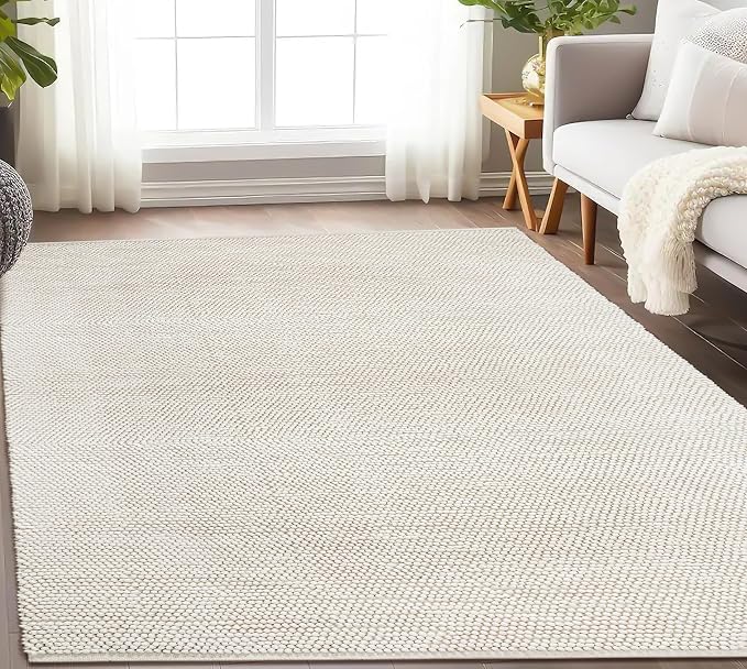 Handwoven Wool Cotton Blend Area Rug 8x10', Textured Popcorn Braided Ivory Rug - Image 4