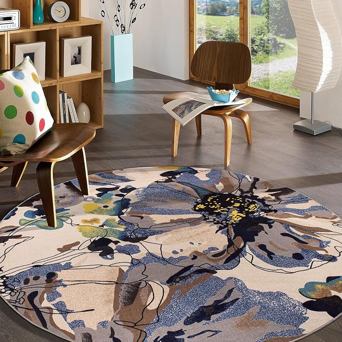 Rugshop Cream Bright Flowers Non Slip Non-Shedding Round Area Rug - Image 9