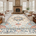 Area Rugs 10'x14' Washable Non-Slip, Floral Vintage Distress Print Pattern - Image 2