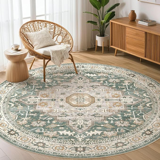 Round Rug Living Room Rugs: 6x6 Washable Boho Neutral Large Circle Soft Indoor by LOONGRUG