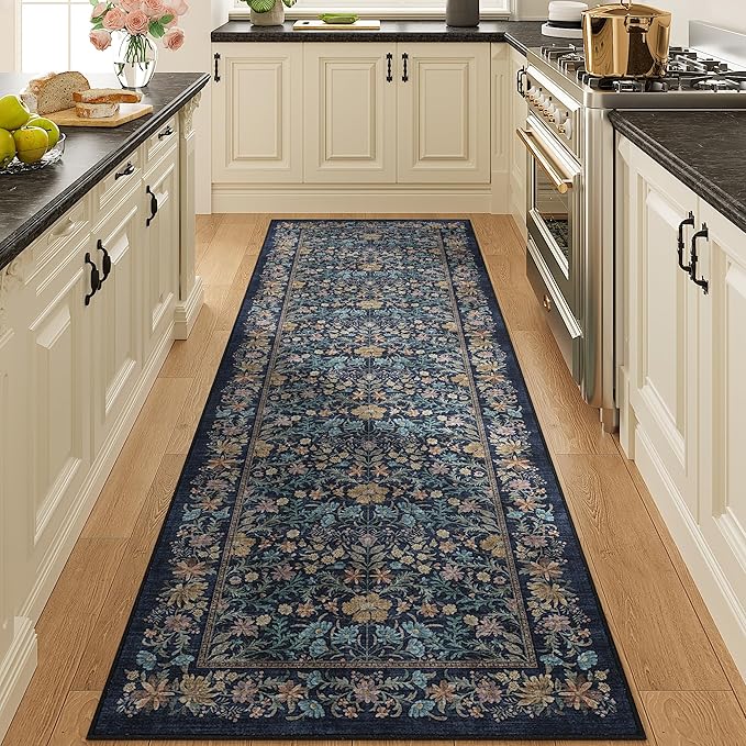 DUKINO 2.6x8 Runner Rug for Hallway, Washable Vintage Floral Kitchen Rug by DUKINO