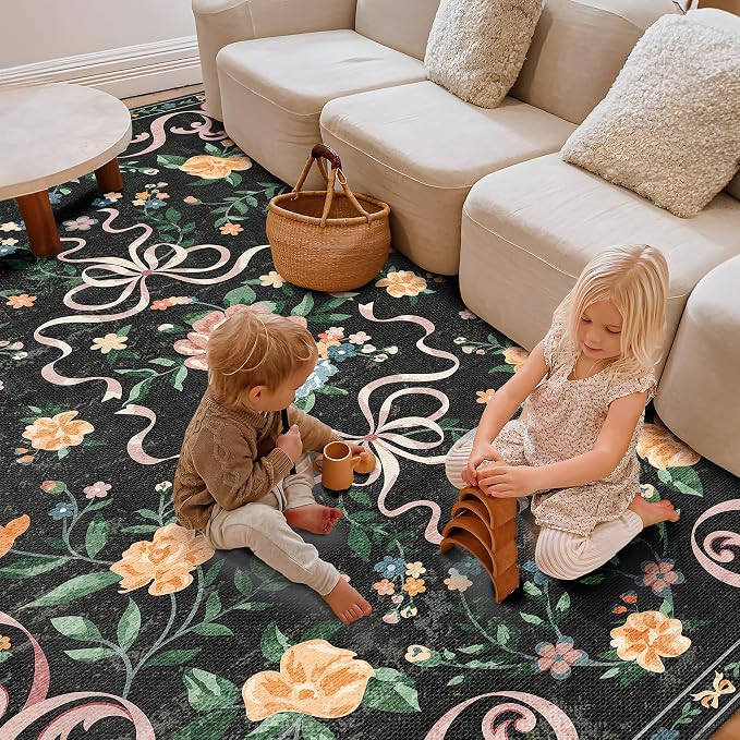 Black Rug Bow Floral Rug 3x5, Washable Boho Area Rugs Non Slip Low Pile Carpet - Image 5