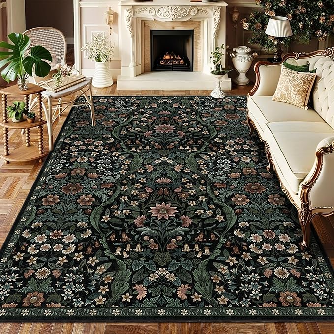 5×7 Black Washable Floral Area Rug, Vintage Boho Soft Low-Pile Living Room Rugs by NakedCloud