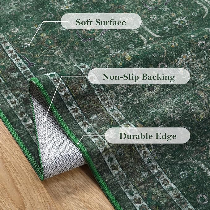 Moynesa Green 8x10 Living Room Rug, Vintage Washable Area Rug - Image 3