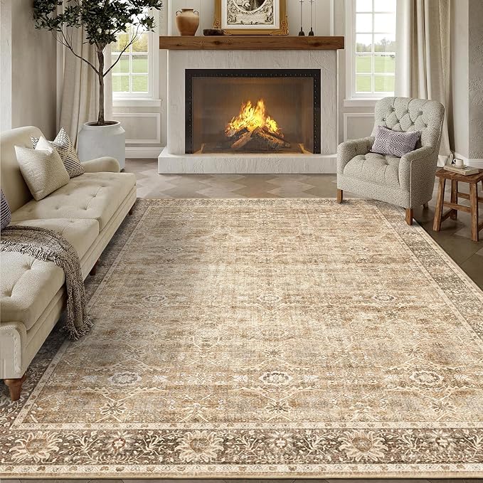 5x7 Beige Washable Rug for Living Room Large Vintage Distressed Bedroom Rug Low - Image 8