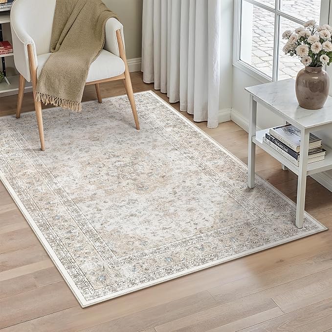 3x4 Washable Vintage Area Rug for Living Room Bedroom Beige Grey Soft by WondRg