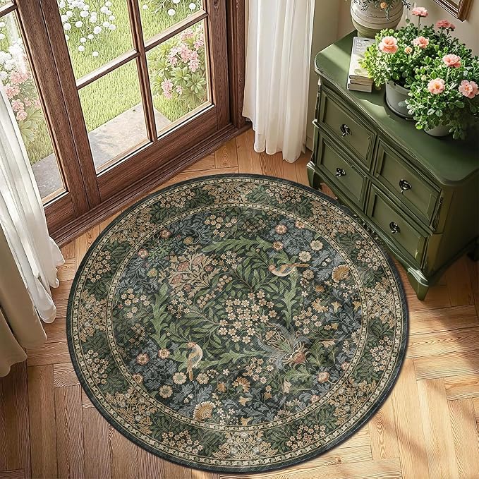 4ft Round Area Rugs for Living Room, Washable Floral Circle Rug Non Slip Low - Image 6
