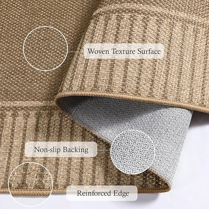 Moynesa Brown Striped Border Easy Jute Outdoor Indoor 5x7 Area Rugs - Image 3
