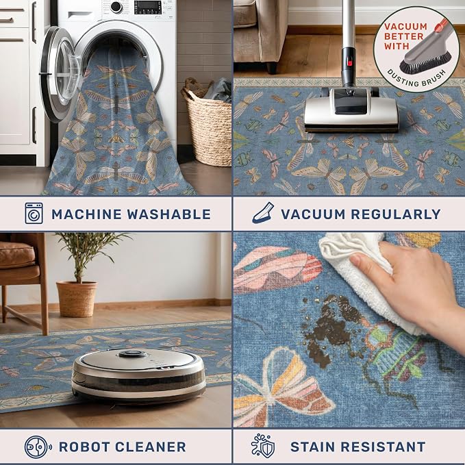 Blue 2x3 Kitchen Rugs Non Slip Washable, 0.25" Low Pile Stain & Fade Resistant - Image 4