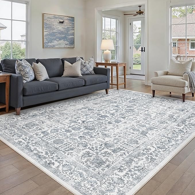 Navy Blue Area Rug 8x10 Machine Washable Large Vintage Living Room Distressed - Image 2