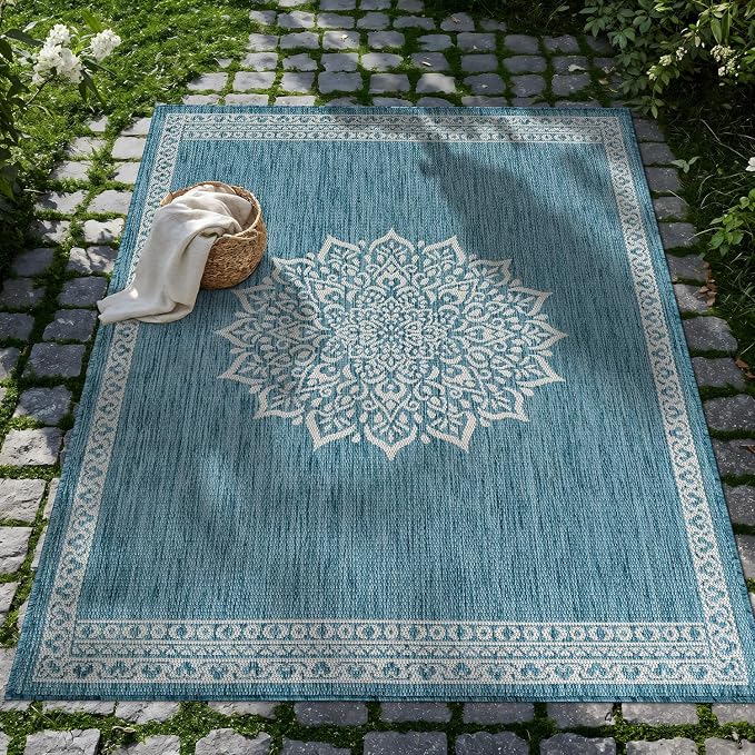 CAMILSON Outdoor Rug 6x9 Medallion Aqua Modern Area Rugs by CAMILSON