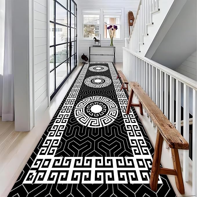Modern Black White Geometric Kitchen Rug, Greek Key Meander Design Entrance Rugs - Image 3