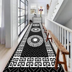Modern Black White Geometric Kitchen Rug, Greek Key Meander Design Entrance Rugs - Image 3