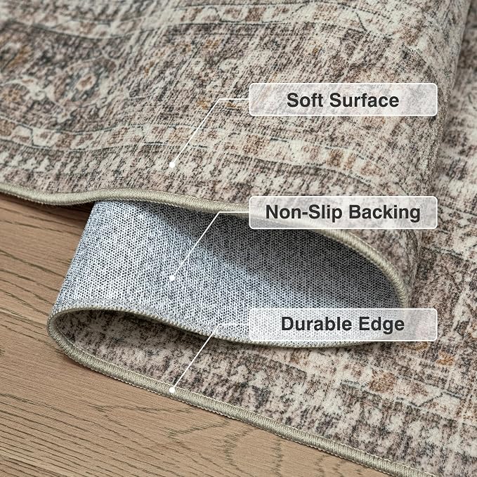 FMFUNCTEX 6x9 Washable Area Rug Vintage Neutral Distressed Large Taupe Non Slip - Image 3