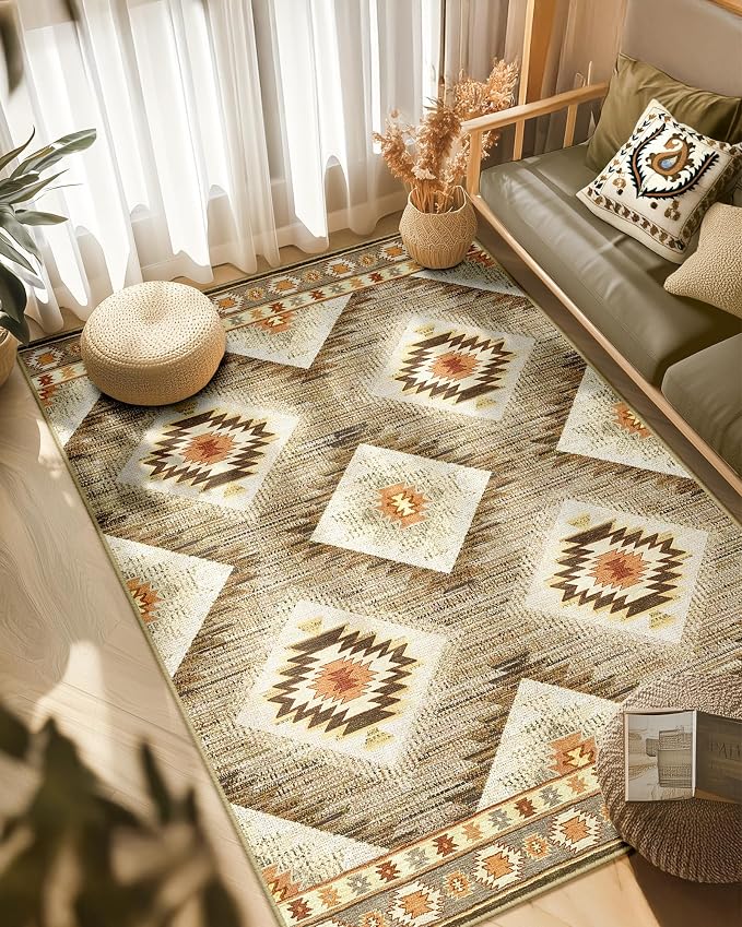 Area Rug 5x7 Rug Machine Washable Non-Slip Low Pile Print Pattern Western Rug by BESTSWEETIE