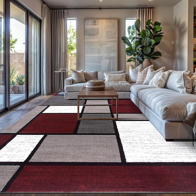 Rugshop Modern Geometric Boxes Red Area Rug, Non-Shedding Carpet by Rugshop