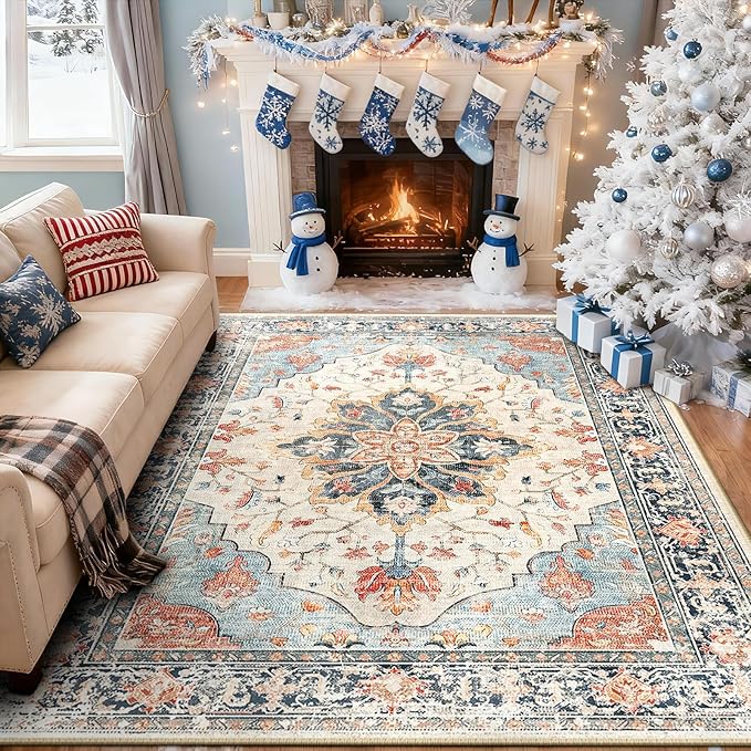 Area Rugs 6'x8' Washable Non-Slip, Floral Vintage Distress Print Pattern by RELEANY