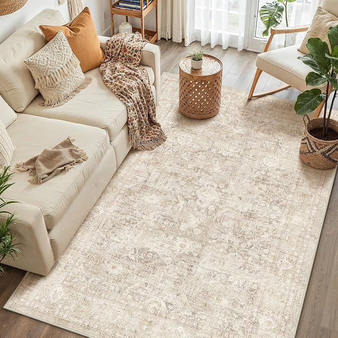 5x7 Beige Washable Area Rug for Living Room Bedroom Neutral Soft Non Slip Rug - Image 3