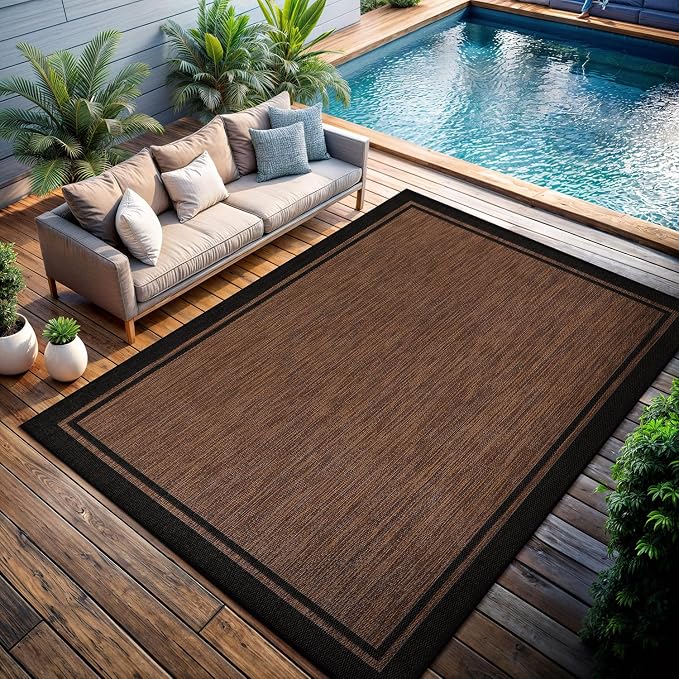 CAMILSON Indoor Outdoor Rug, 5x7 Bordered Nut Brown Black Modern Area Rugs - Image 7