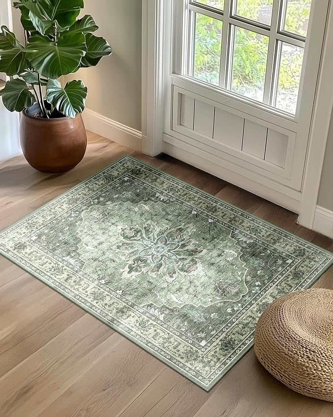 Area Rugs 2'x3' Washable Non-Slip, Floral Vintage Distress Print Pattern by RELEANY