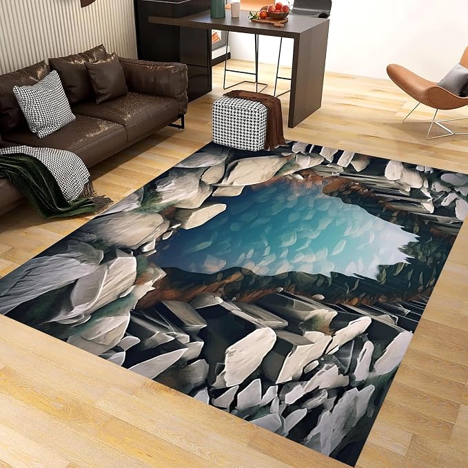 Visual Illusion Canyon Living Room Rug, 3D Visual Effect Stream Indoor Throw Mat - Image 2