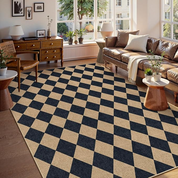Lahome Checkered Easy Jute Area Rug 8x10, Large Living Room Patio Rug by Lahome
