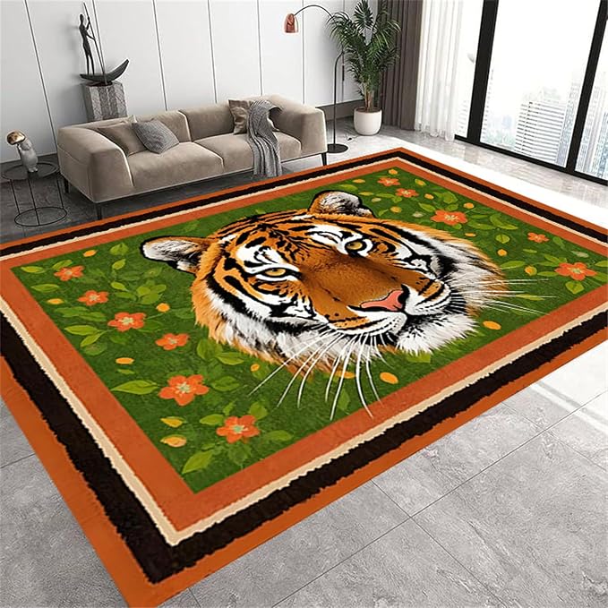 Tiger Print Rug, The Tiger is Surrounded by Orange and Green Floral Patterns. - Image 3