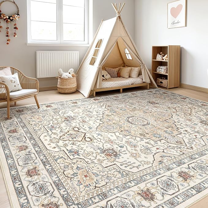 7x9 Area Rug Living Room: Washable Boho Large Neutral Vintage Soft Rugs Stain - Image 5