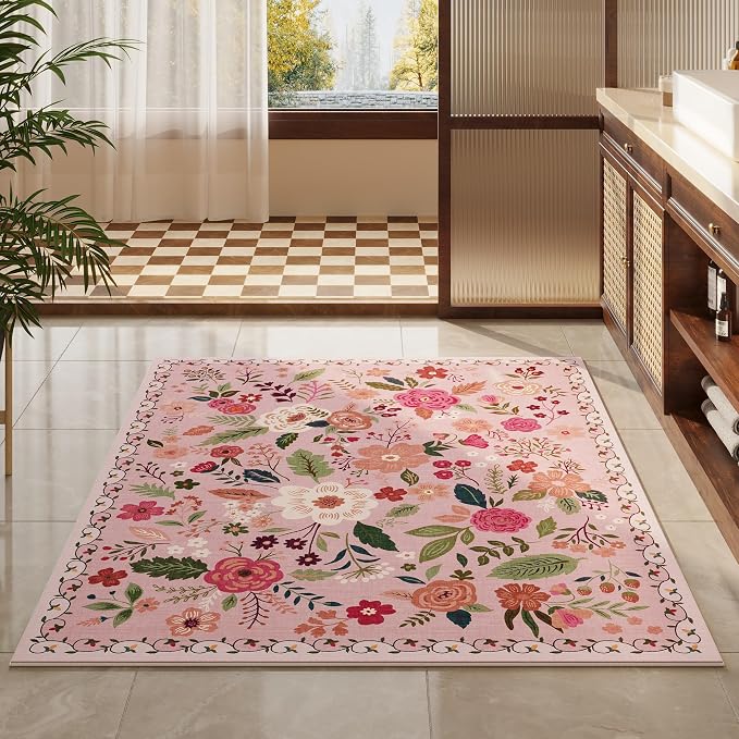 Rugcomf Area Rug 4x6 Rug Washable Boho Rugs Non Slip Low Pile Floral Small - Image 7